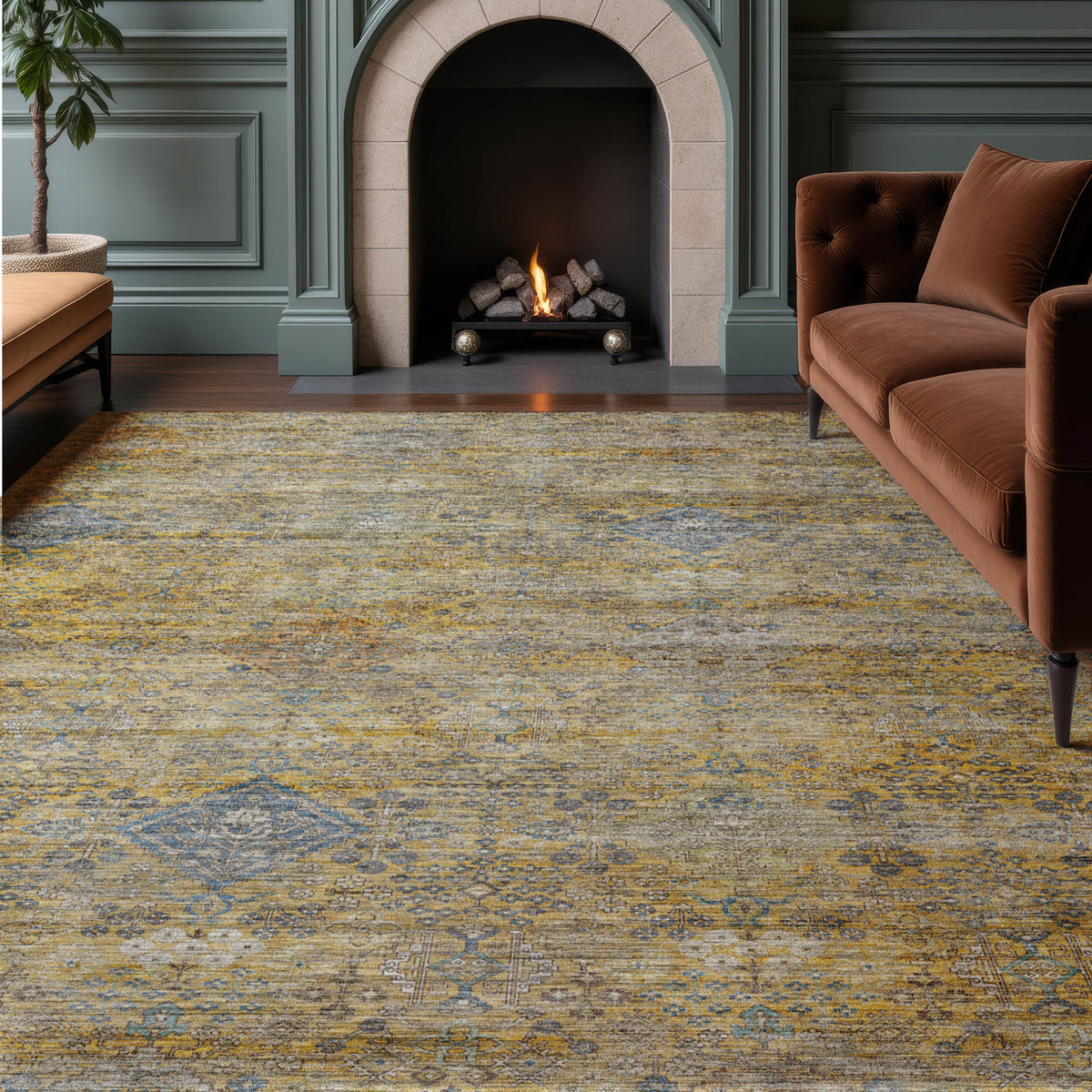 Machine Washable Aristo AR1 Gold Rug
