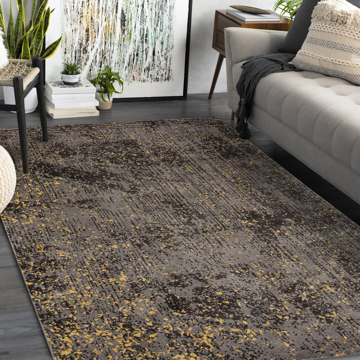 Impulse-81853 Modern Power-Loomed Dovetail Gray/Ash Black/Gold Cotton Indoor Area Rug - LR Home