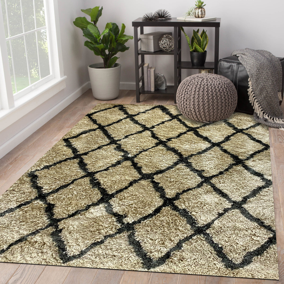 Cream and Charcoal Moroccan Geometric Shag Rug - color swatch