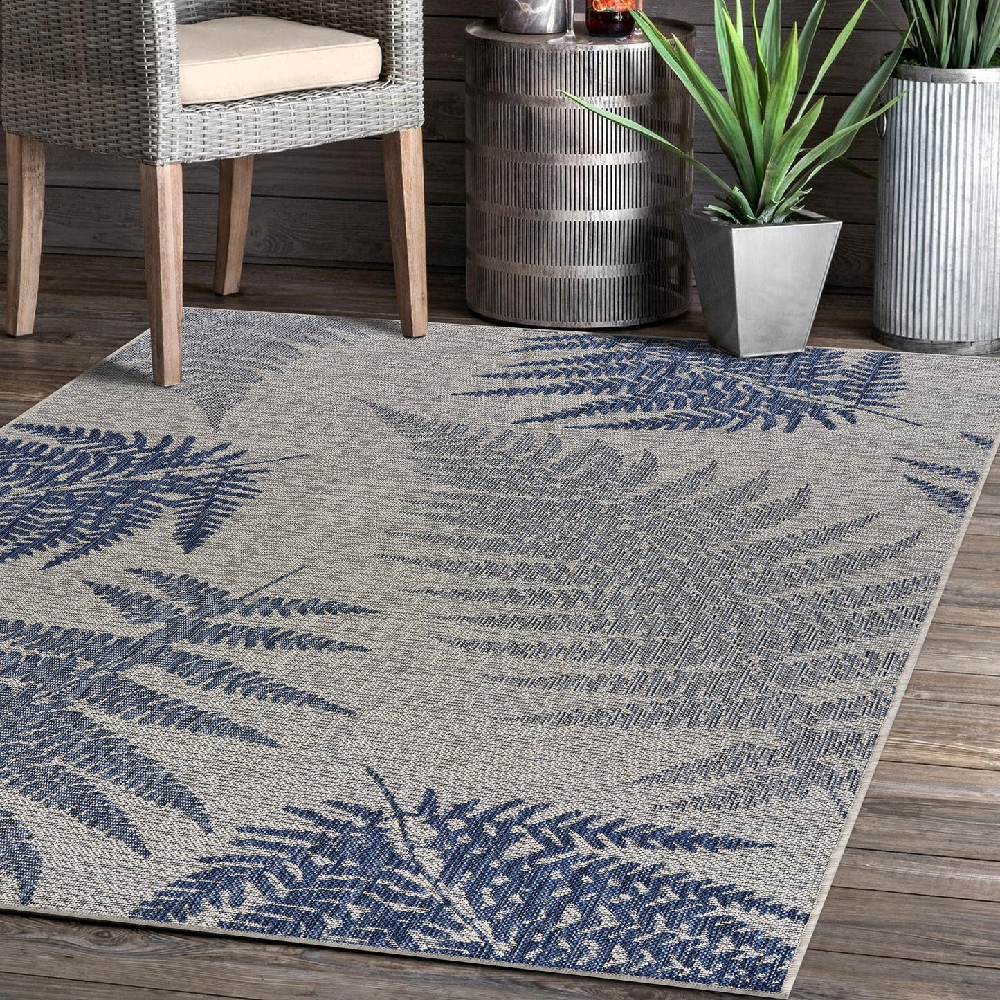 SANIB-81648 Tropical Machine Made Navy/Gray Poly Blend Indoor/Outdoor Area Rugs - LR Home
