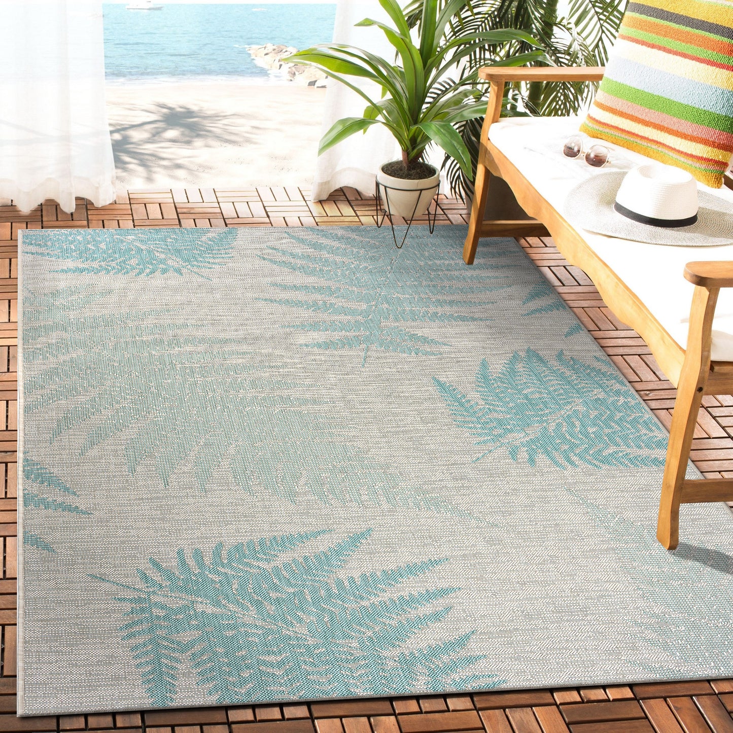 SANIB-81648 Tropical Machine Made Teal/Cream Poly Blend Indoor/Outdoor Area Rugs - LR Home