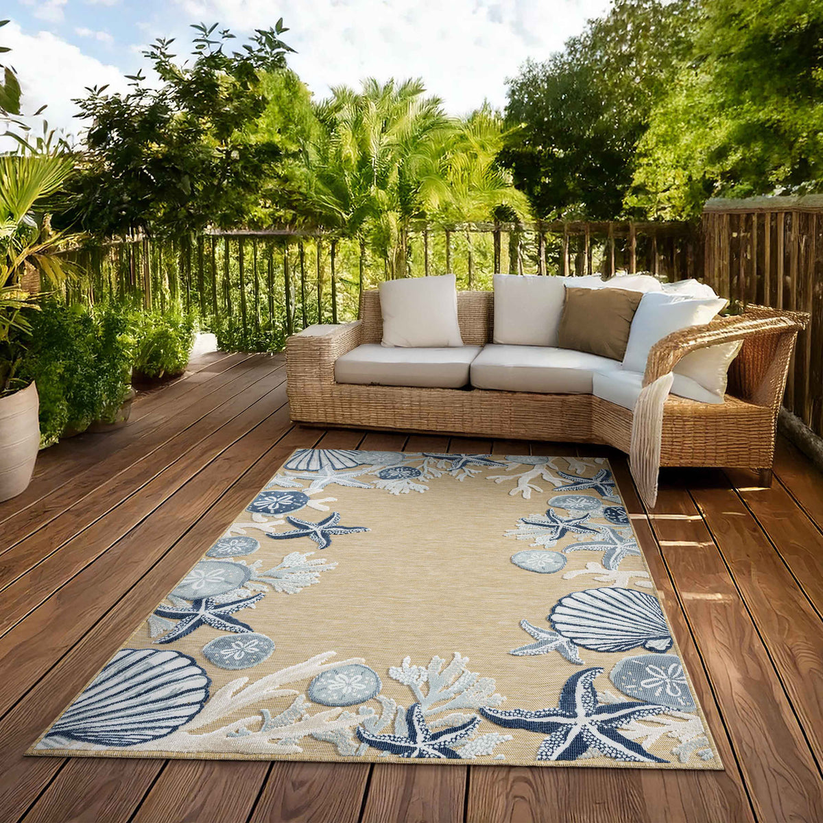 Natural/Blue Coastal Floral/Botanical Performance Indoor/Outdoor Area Rugs - detail view