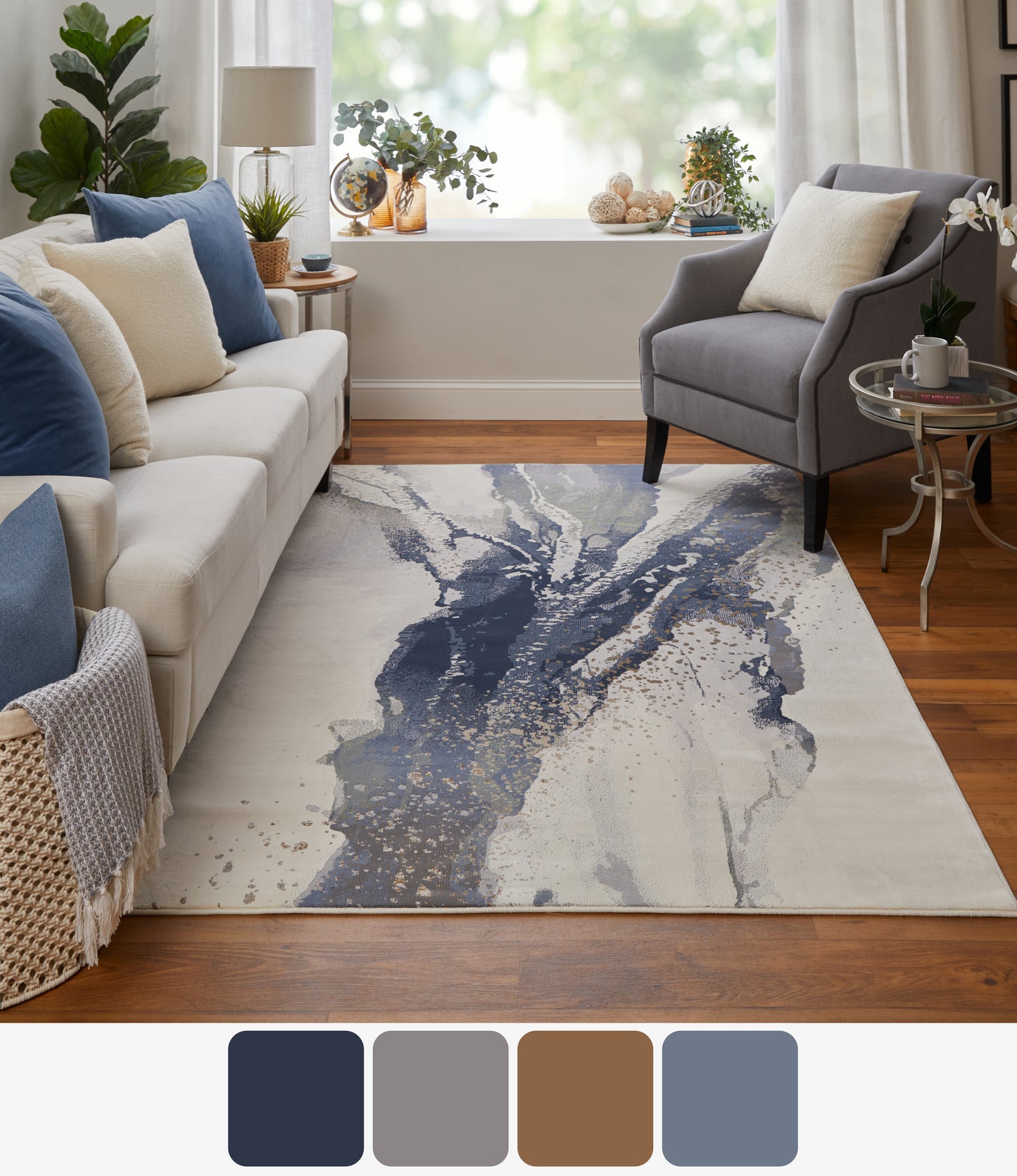 Mandana Modern/Bohemian & Eclectic Abstract/Watercolor Ivory/Blue - Feizy Rug