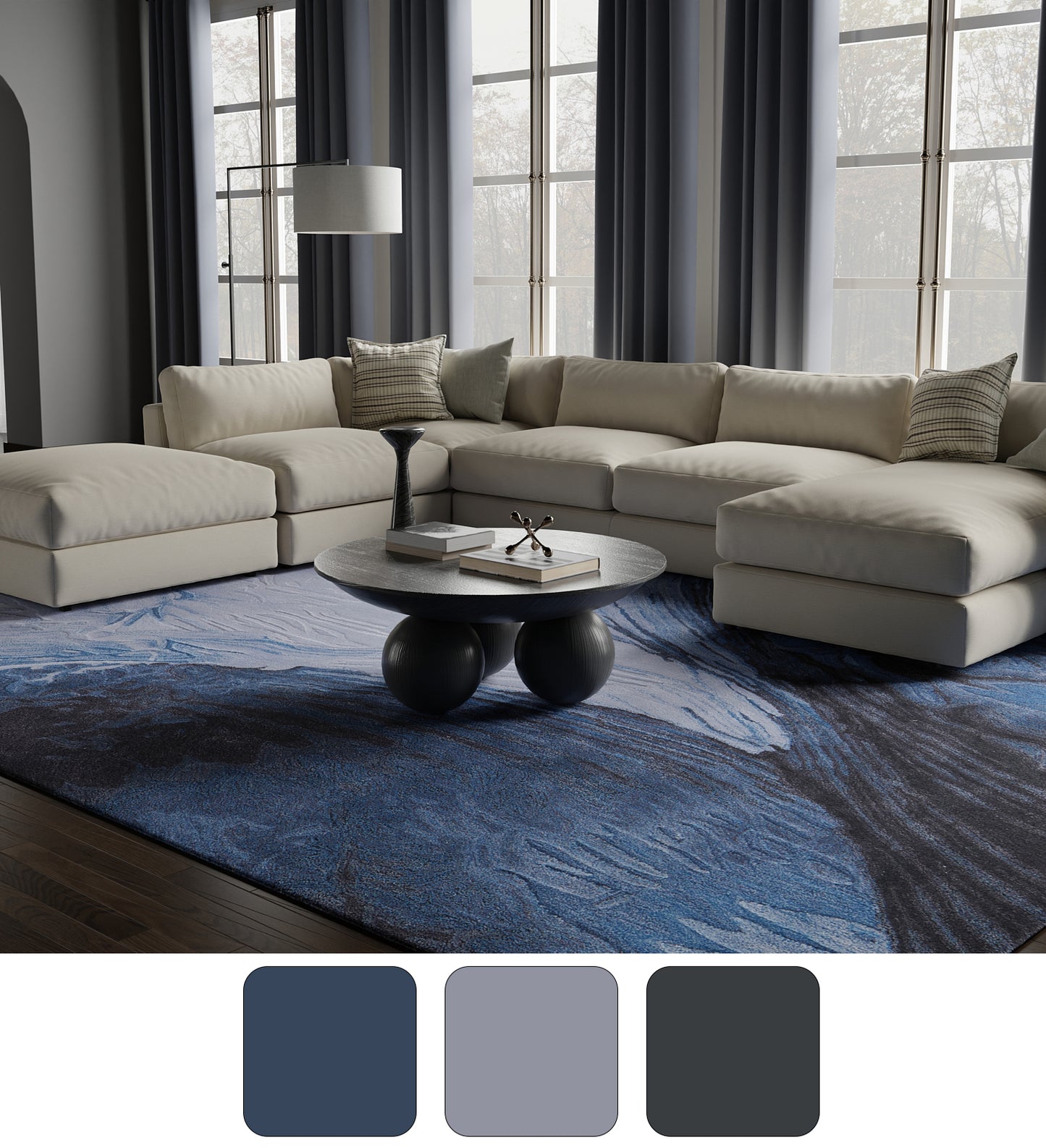 Kawai Modern/Nautical & Coastal/Bohemian & Eclectic Abstract/Watercolor Blue/Black/Gray - Feizy Rug