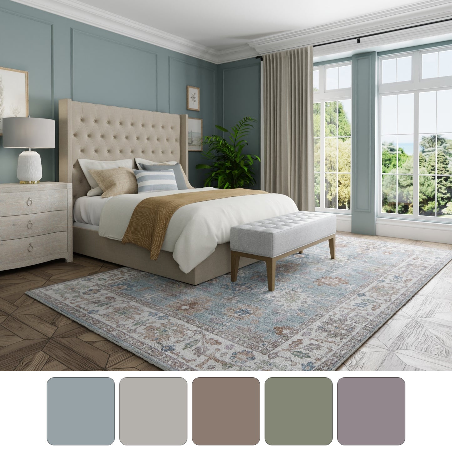 Dartmouth Transitional/Bohemian & Eclectic/Casual Floral & Botanical/Bordered/Distressed Blue/Ivory/Brown - Feizy Rug