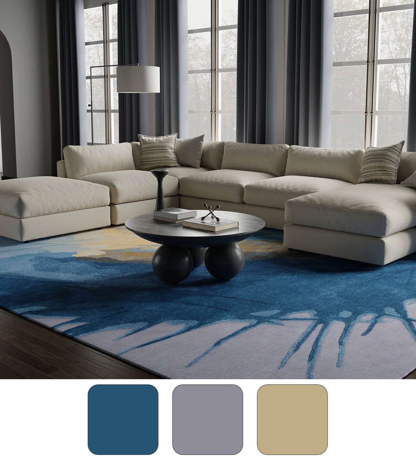 Kawai Modern/Bohemian & Eclectic/Nautical & Coastal Abstract/Watercolor Blue/Gold/Gray - Feizy Rug
