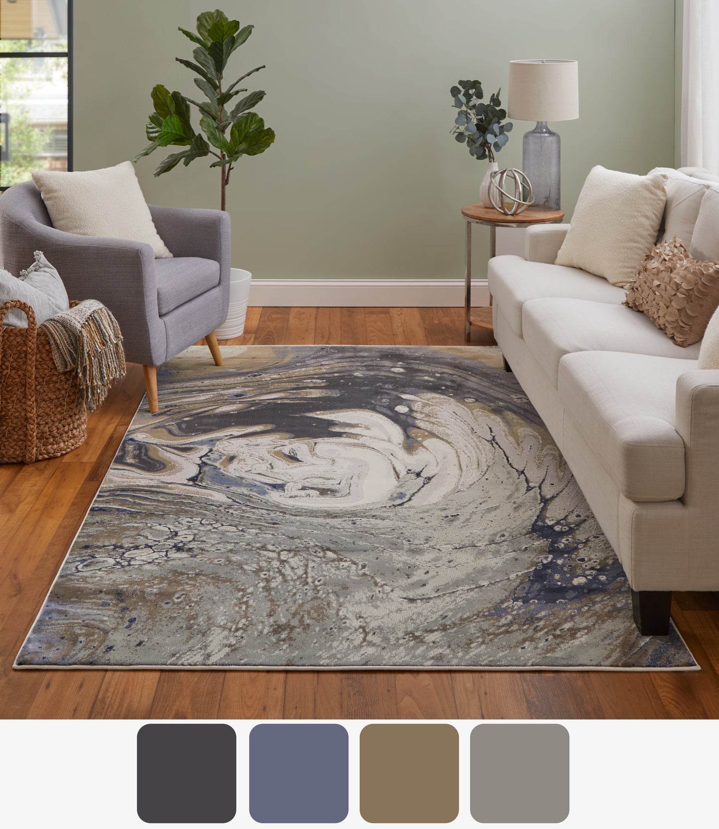 Mandana Modern/Bohemian & Eclectic Abstract/Watercolor Ivory/Taupe/Blue - Feizy Rug