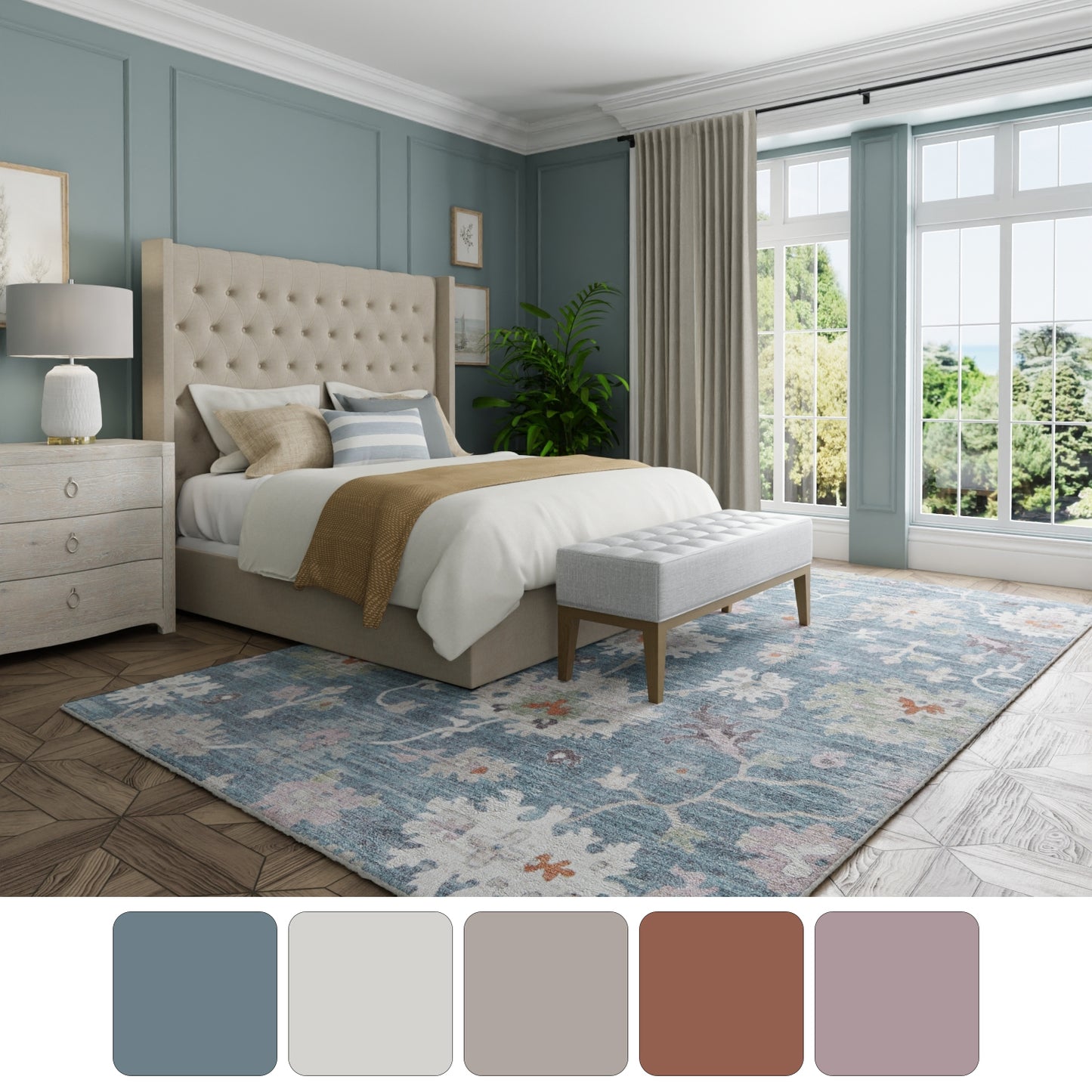 Dartmouth Transitional/Bohemian & Eclectic Abstract/Floral & Botanical/Distressed Blue/Ivory/Pink - Feizy Rug