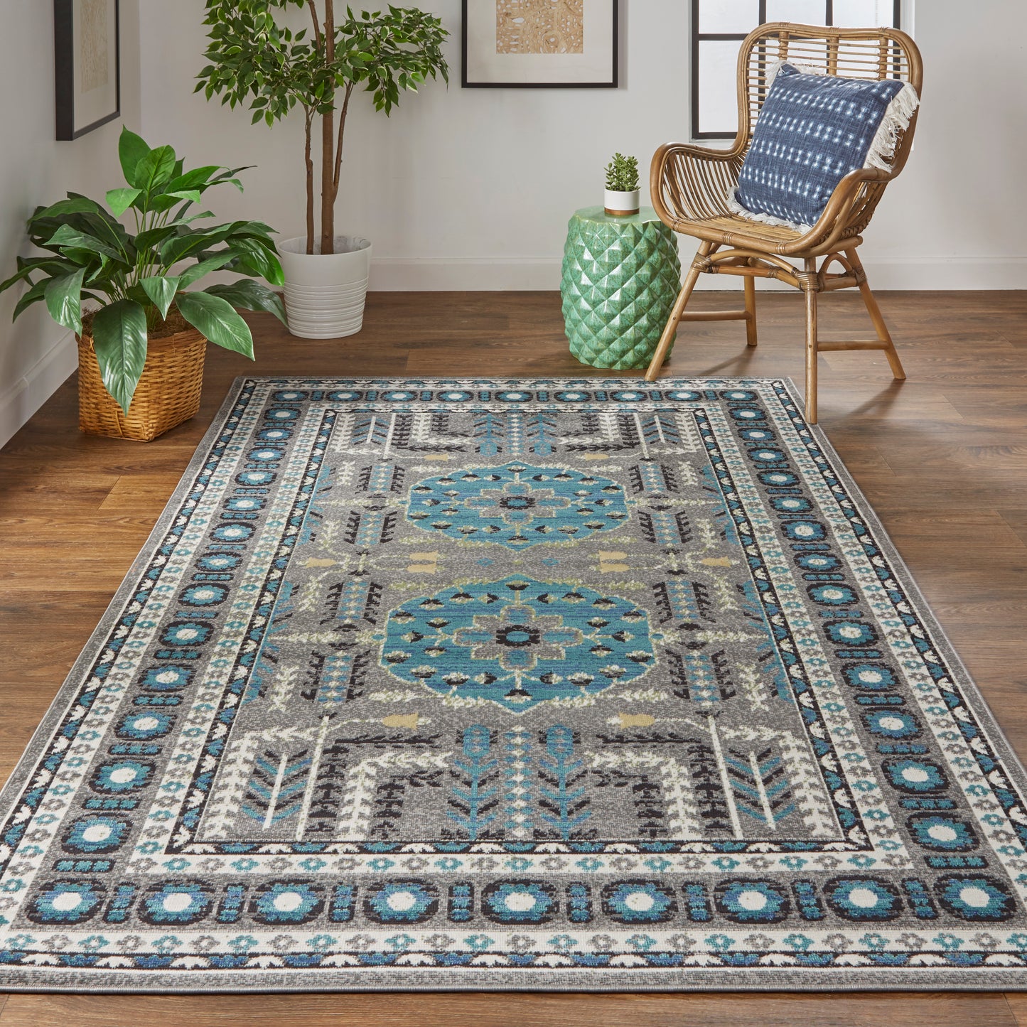 Foster Transitional/Classic/Bohemian & Eclectic Medallion/Bordered Gray/Blue/Green - Feizy Rug