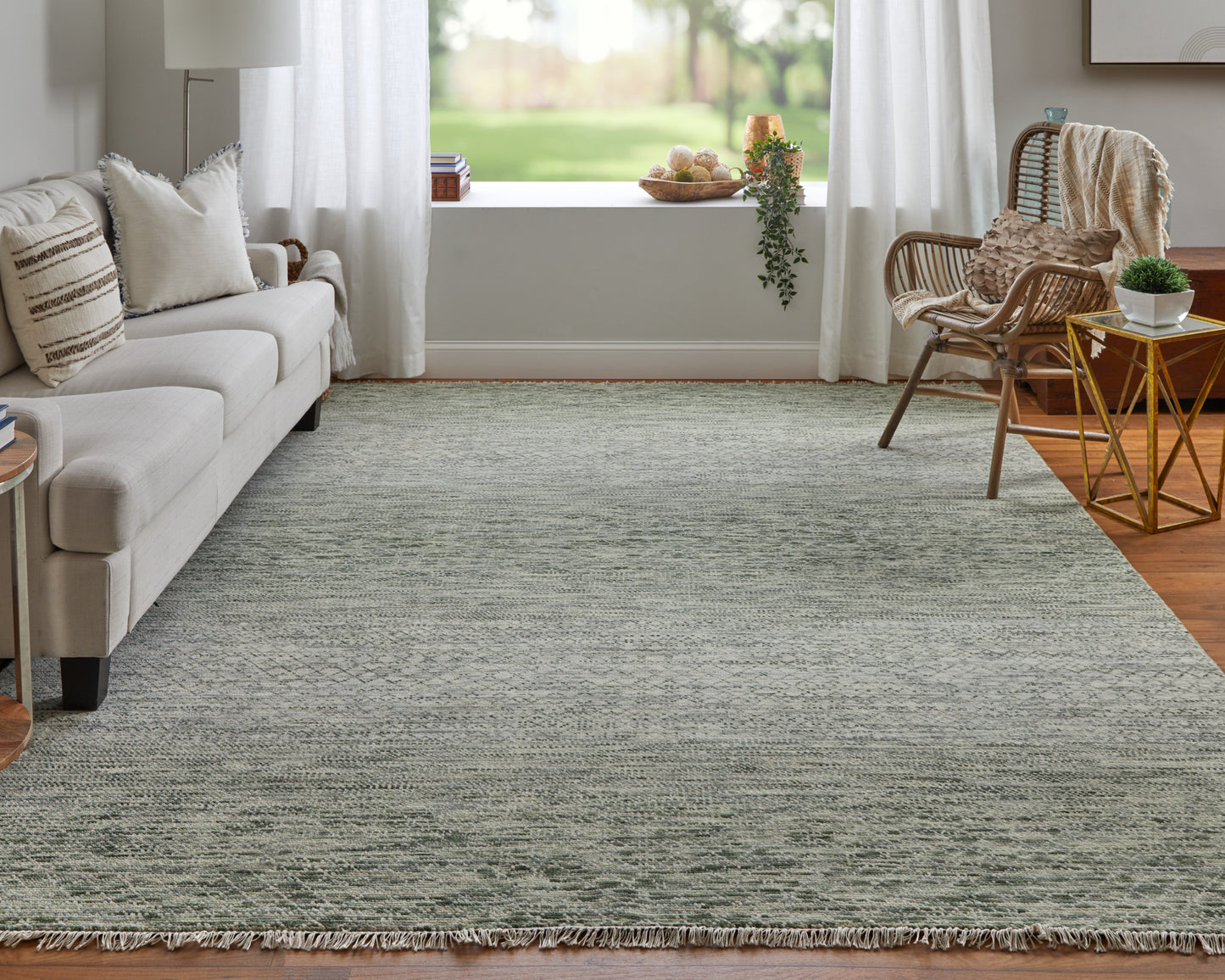 Branson Transitional/Casual/Scandinavian Solid/Geometric Green/Ivory - Feizy Rug