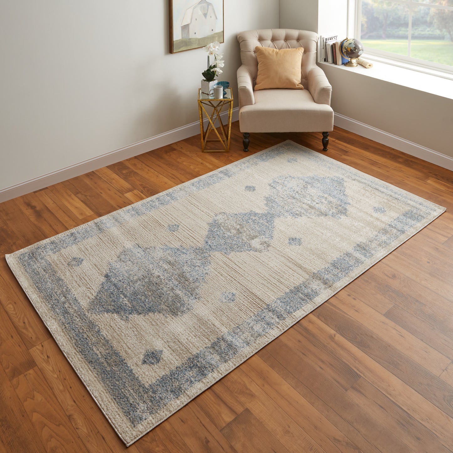 Camellia Transitional/Global Geometric/Moroccan/Distressed Blue/Ivory - Feizy Rug