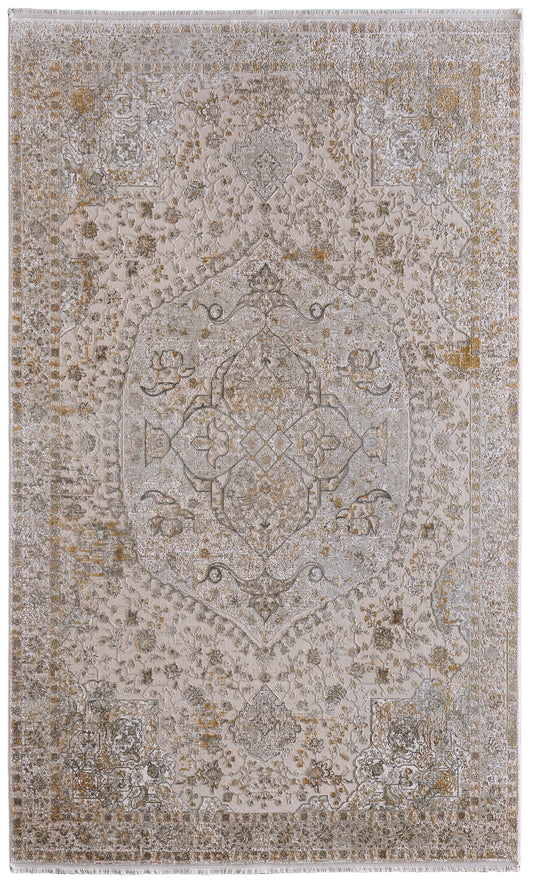 Cadiz Traditional/Vintage Medallion/Bordered/Distressed Ivory/Gray/Gold - Feizy Rug