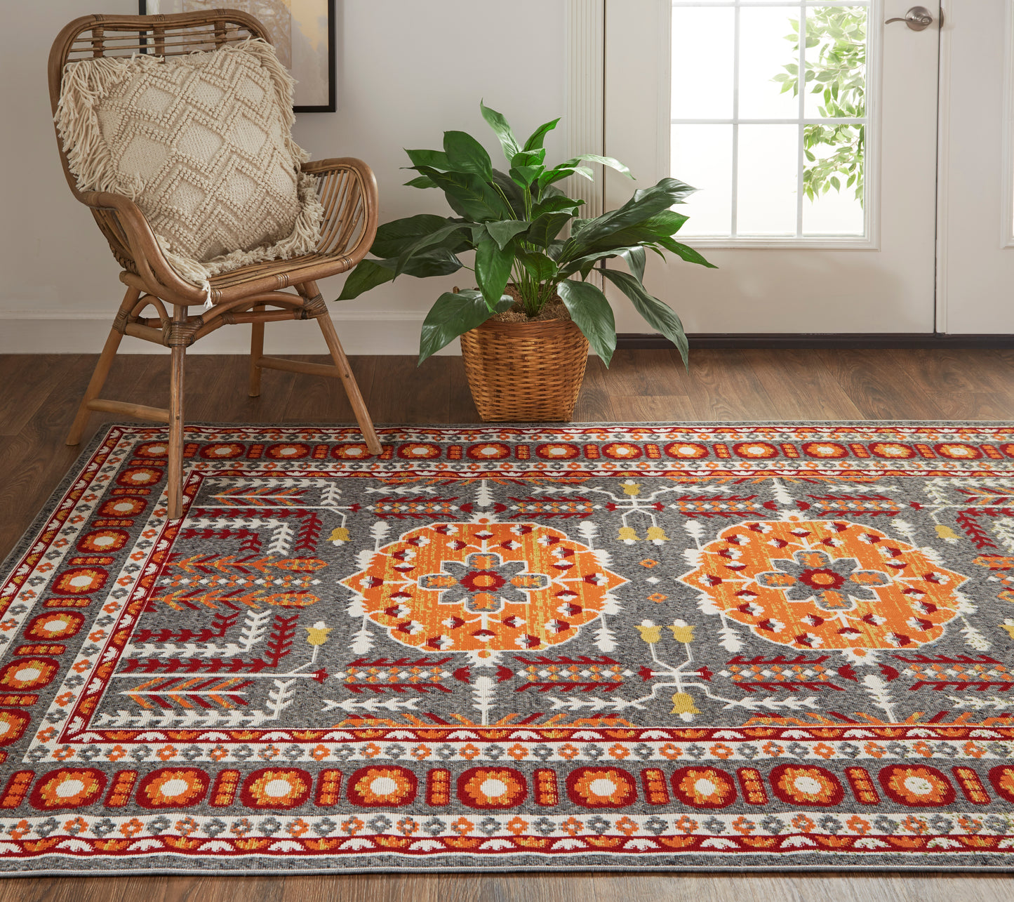Foster Transitional/Classic/Bohemian & Eclectic Medallion/Bordered Orange/Gray - Feizy Rug