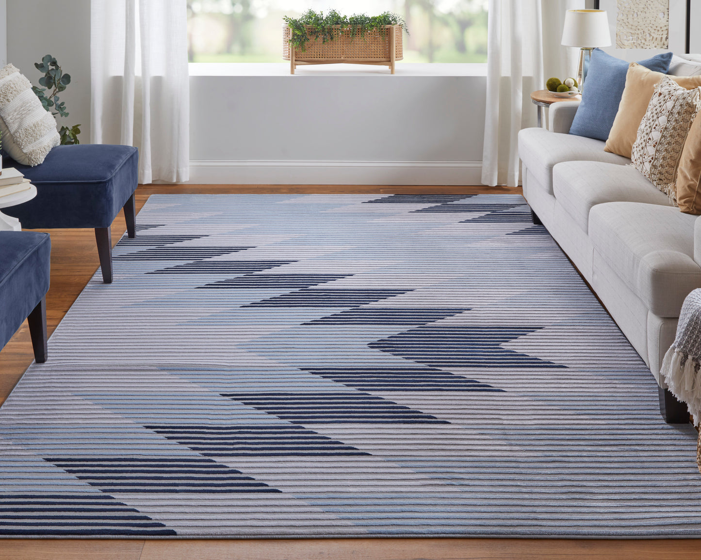 Marigold Modern/Mid-Century Modern/Industrial Geometric/Gradient & Ombre/Herringbone Blue/Gray/White - Feizy Rug