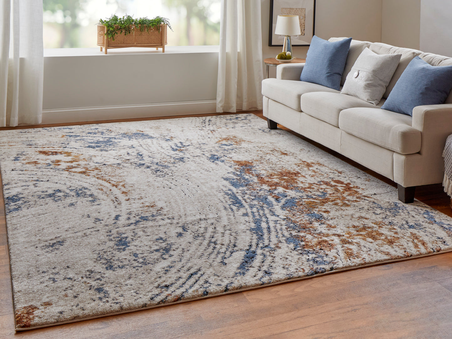 Gilmore Modern/Bohemian & Eclectic/Casual Abstract/Watercolor Ivory/Blue/Orange - Feizy Rug
