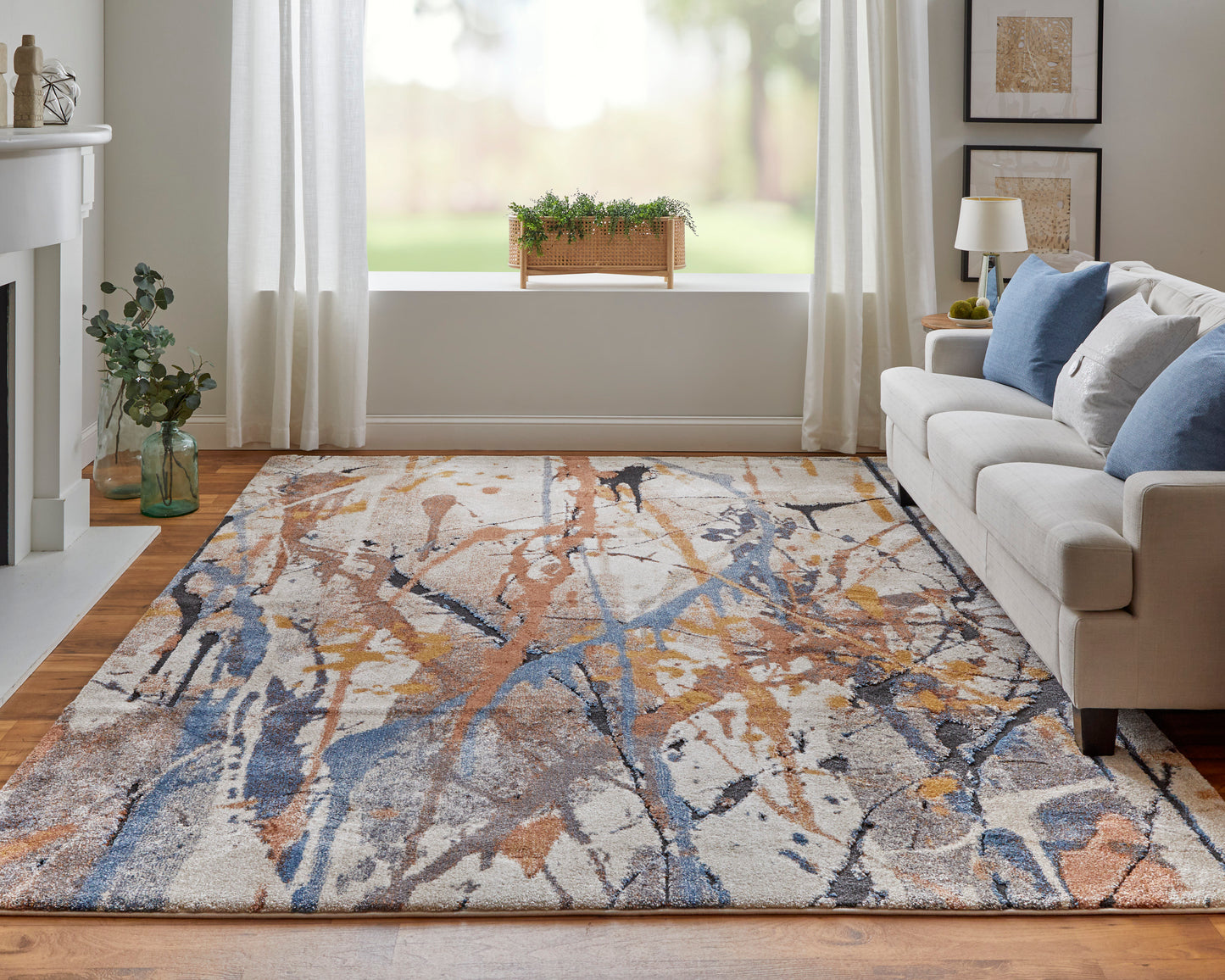 Gilmore Modern/Bohemian & Eclectic Watercolor/Abstract Blue/Orange/Gray - Feizy Rug