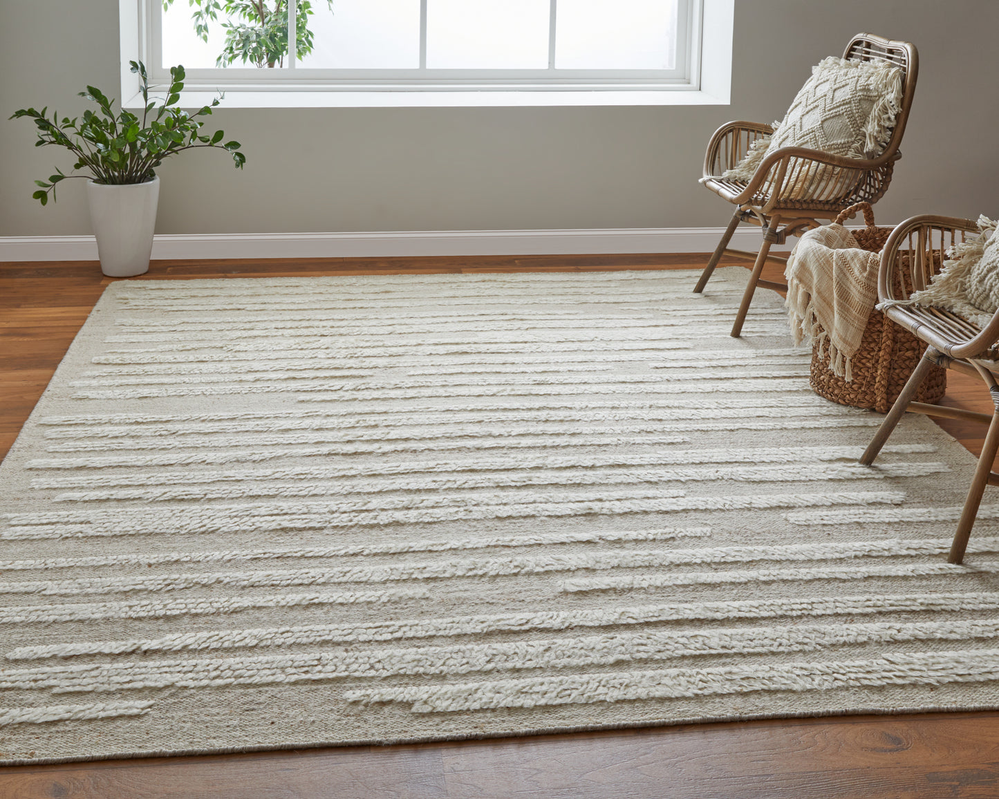 Ashby Transitional/Scandinavian/Casual Stripes/Solid White/Tan - Feizy Rug