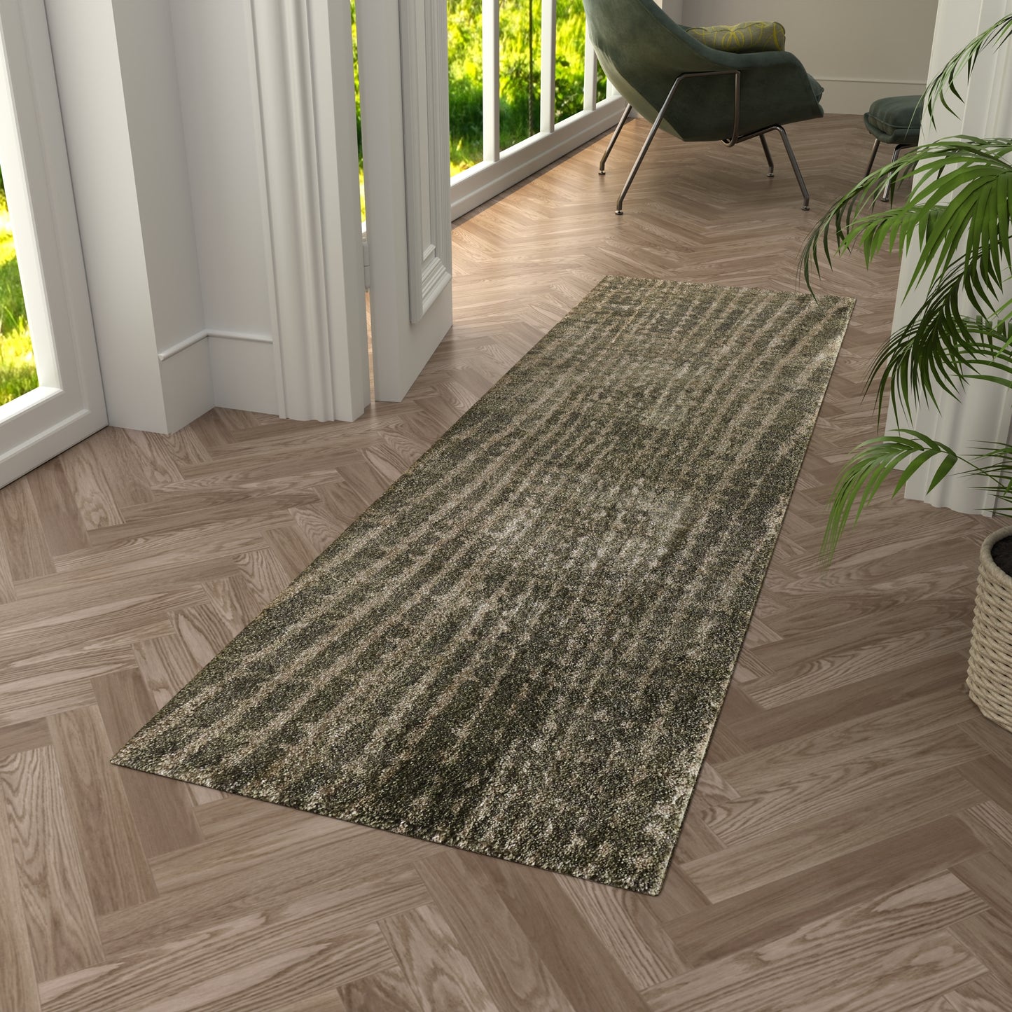 Skyview Modern/Industrial/Bohemian & Eclectic Abstract/Stripes Green/Tan - Feizy Rug