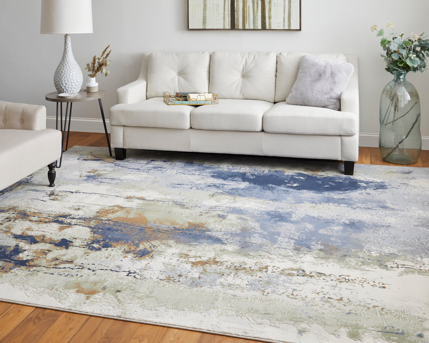 Clio Modern/Industrial/Casual Abstract/Watercolor Blue/Orange/Ivory - Feizy Rug