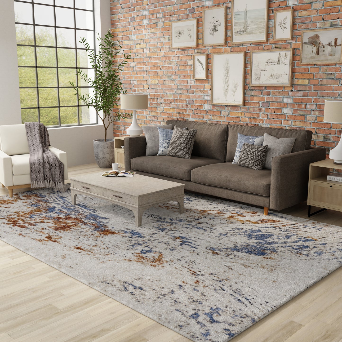 Gilmore Modern/Bohemian & Eclectic/Casual Abstract/Watercolor Ivory/Blue/Orange - Feizy Rug