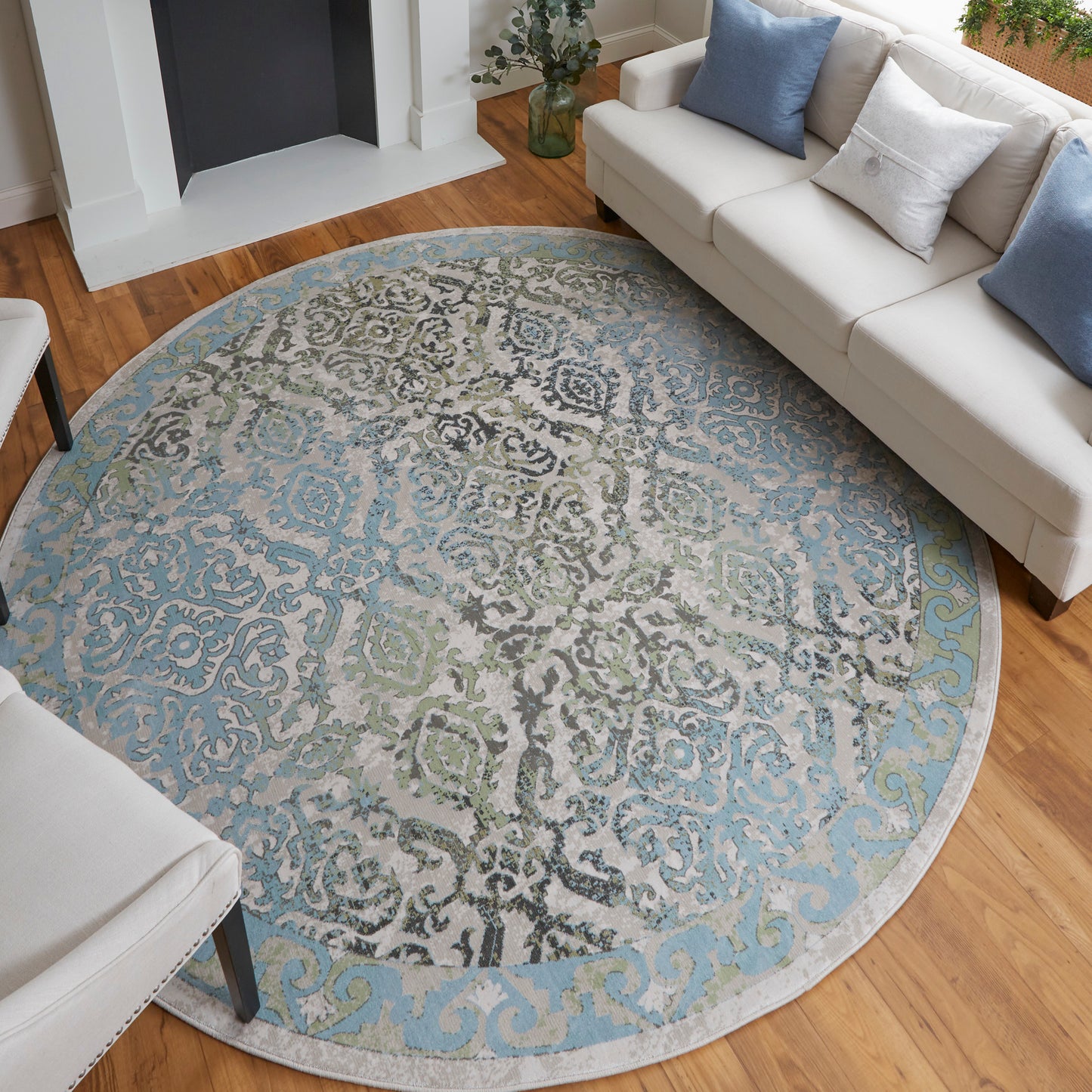 Katari Transitional/Vintage/Casual Floral & Botanical/Distressed/Bordered Blue/Green/Gray - Feizy Rug