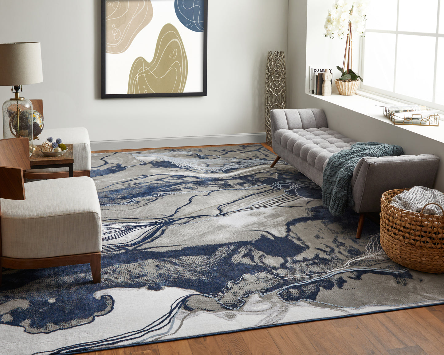 Gaspar Modern/Industrial/Casual Abstract/Watercolor Blue/Gray/Ivory - Feizy Rug