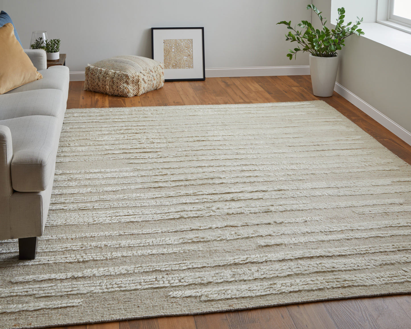 Ashby Transitional/Scandinavian/Casual Stripes/Solid White/Tan - Feizy Rug