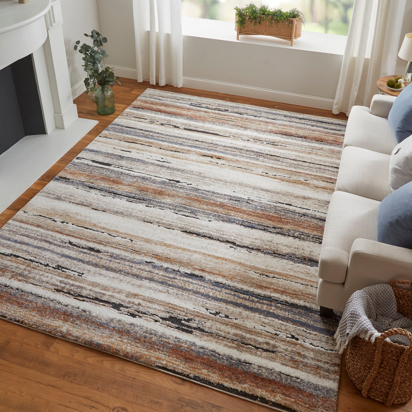 Gilmore Modern/Global Stripes Ivory/Orange/Gray - Feizy Rug