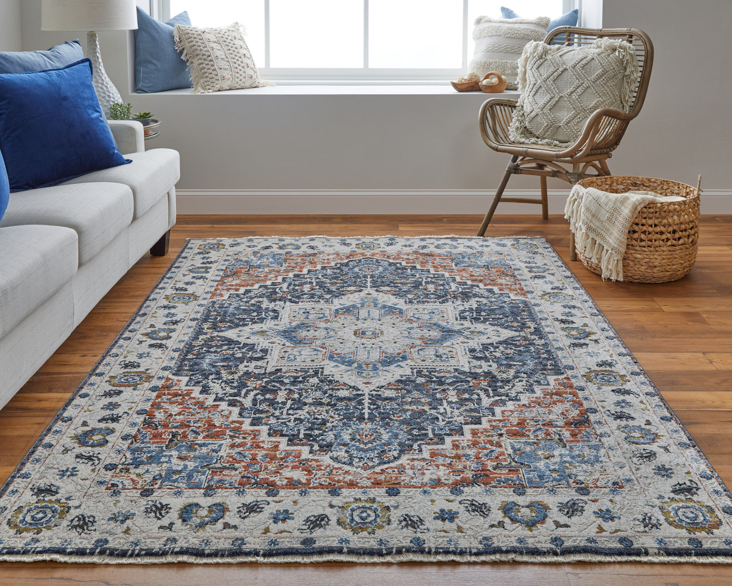 Kaia Transitional/Bohemian & Eclectic/Vintage Medallion/Persian/Bordered Ivory/Blue/Red - Feizy Rug