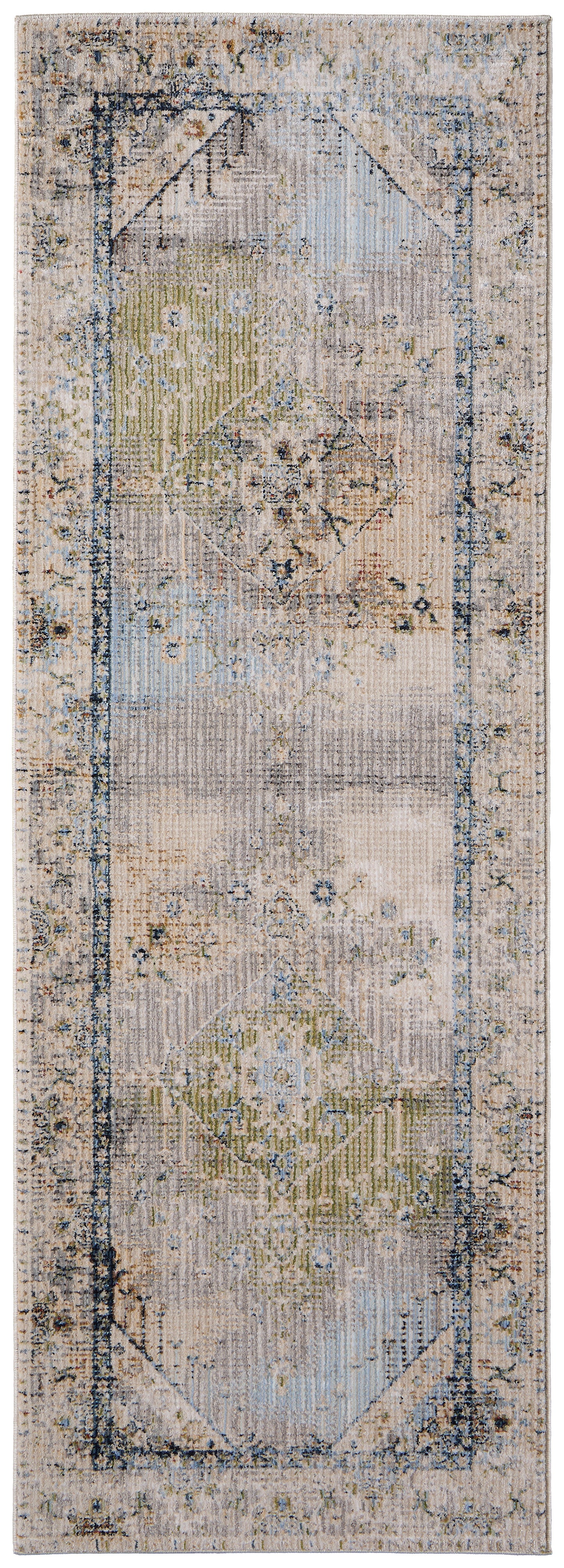 Melrose Transitional/Bohemian & Eclectic/Vintage Distressed/Bordered/Medallion Ivory/Green/Blue - Feizy Rug