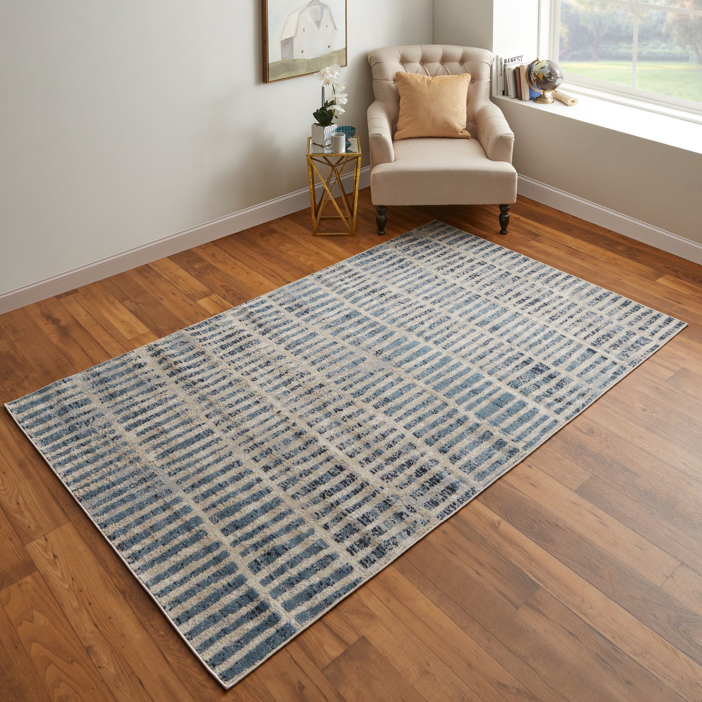 Camellia Transitional/Mid-Century Modern/Global Geometric/Moroccan/Distressed Blue/Ivory - Feizy Rug