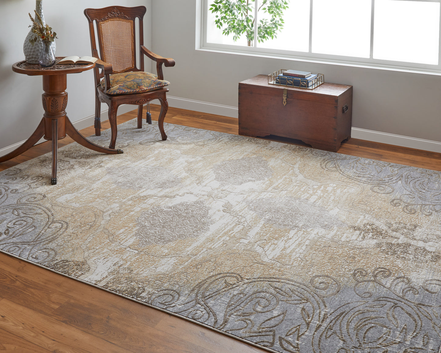 Celene Traditional/Vintage/Cottage Medallion/Scroll Silver/Tan/Gray - Feizy Rug