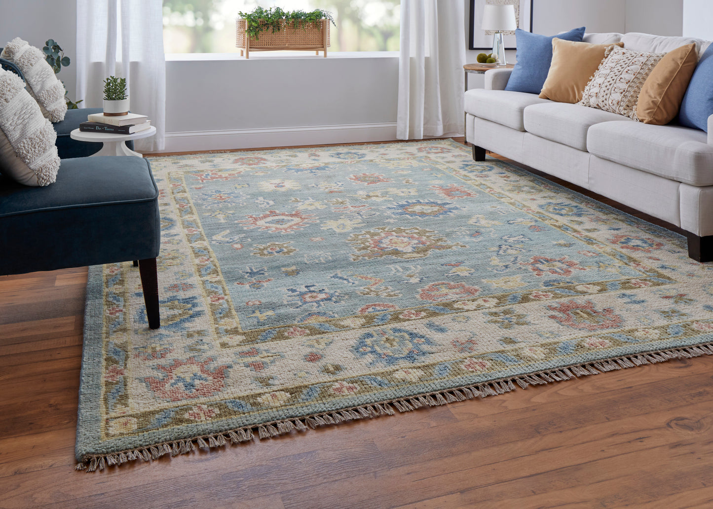 Fillmore Transitional/Bohemian & Eclectic/Craftsman Floral & Botanical/Bordered Blue/Ivory/Yellow - Feizy Rug