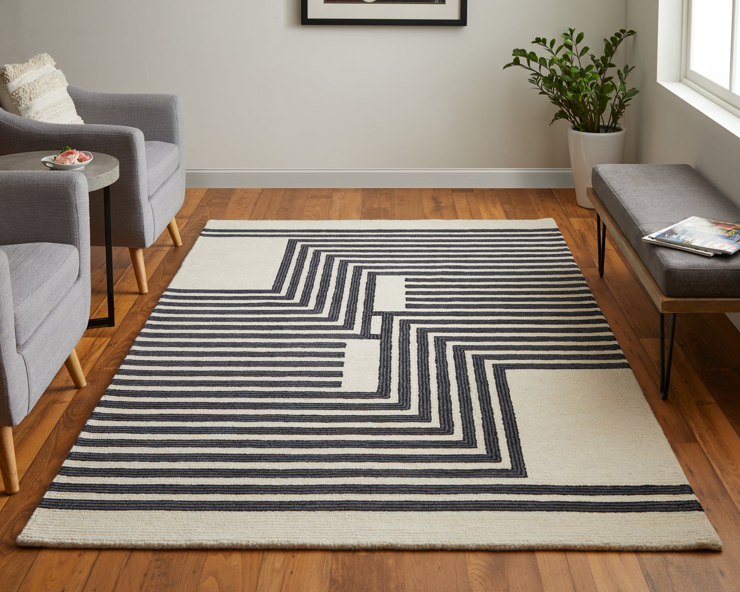 Maguire Transitional/Industrial/Mid-Century Modern Gray/Ivory/Black Area Rug