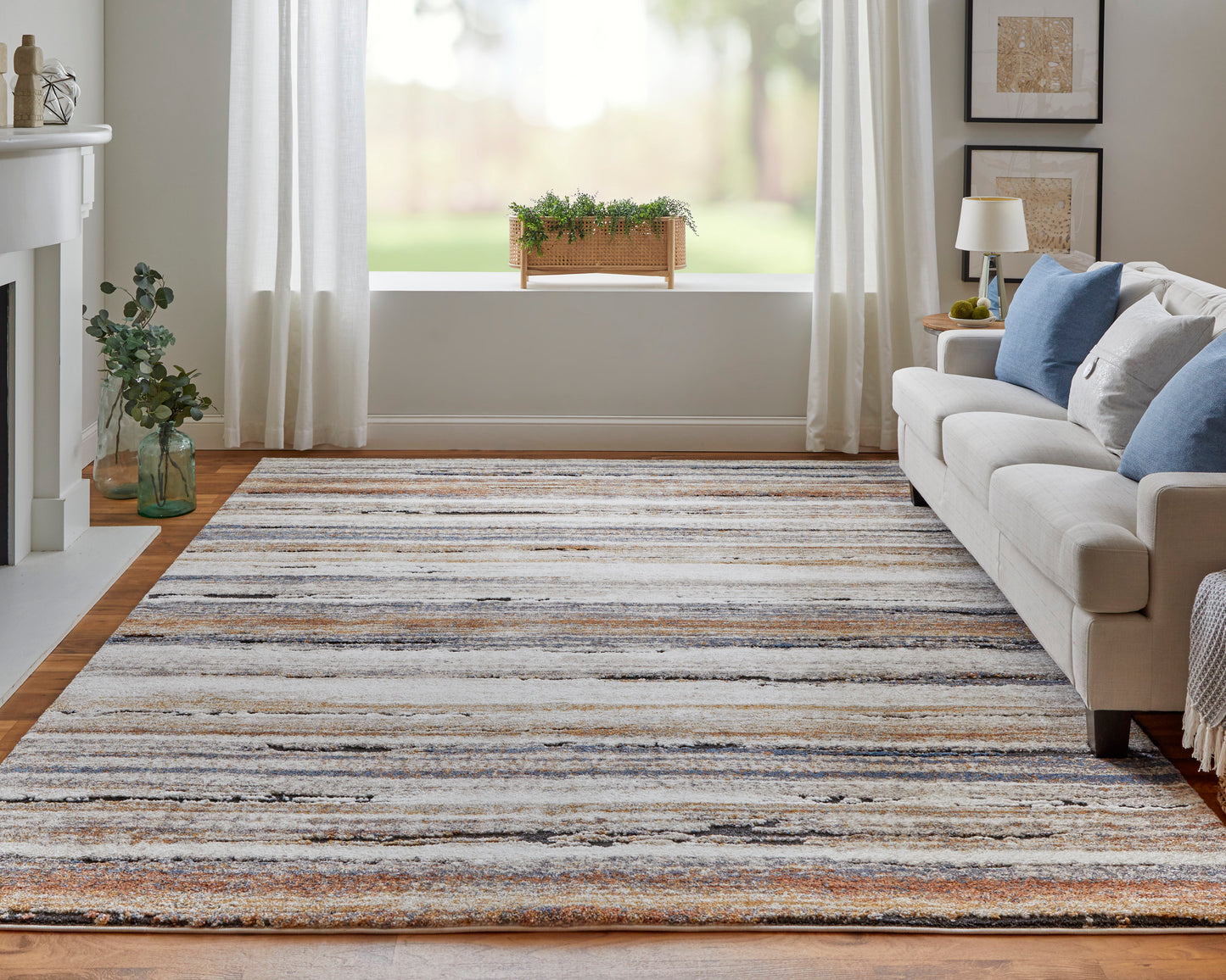 Gilmore Modern/Global Stripes Ivory/Orange/Gray - Feizy Rug