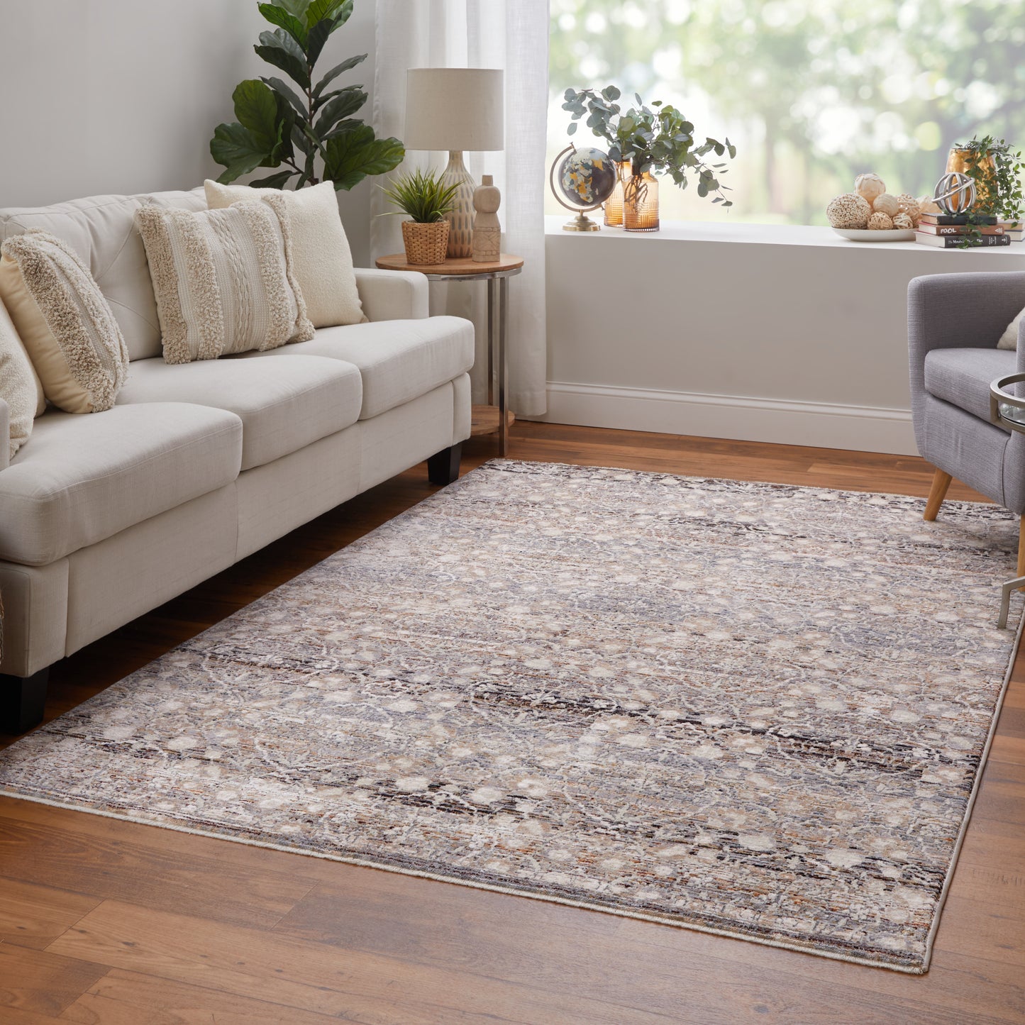 Caprio Transitional/Bohemian & Eclectic/Casual Damask/Distressed Gray/Ivory/Tan - Feizy Rug