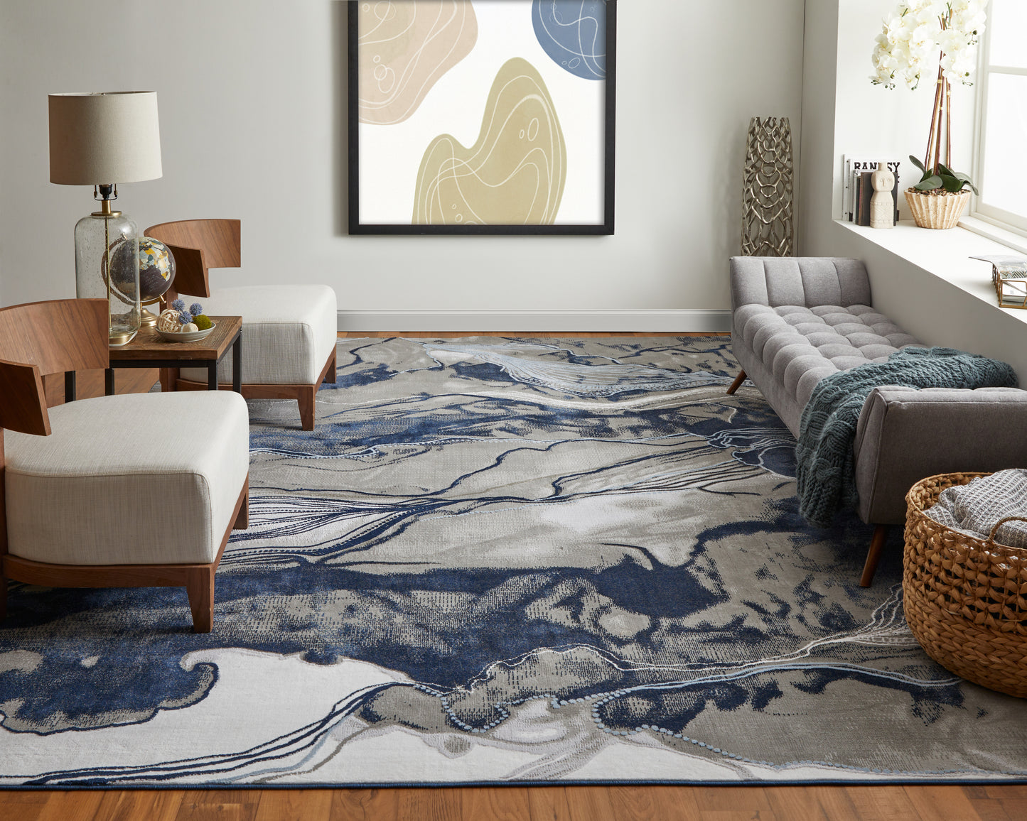 Gaspar Modern/Industrial/Casual Abstract/Watercolor Blue/Gray/Ivory - Feizy Rug