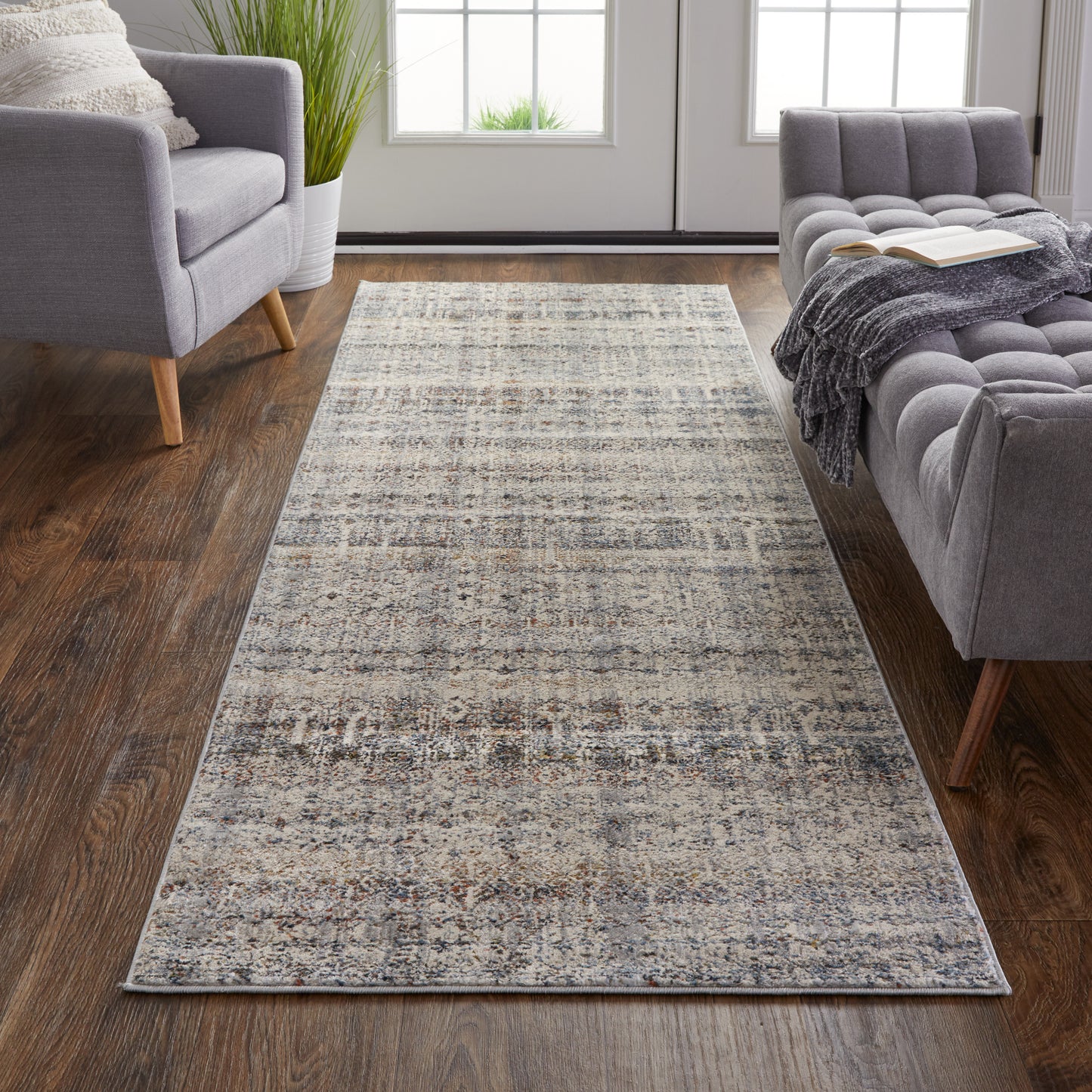 Kaia Transitional/Rustic/Farmhouse Distressed/Diamond/Stripes Tan/Ivory/Blue - Feizy Rug