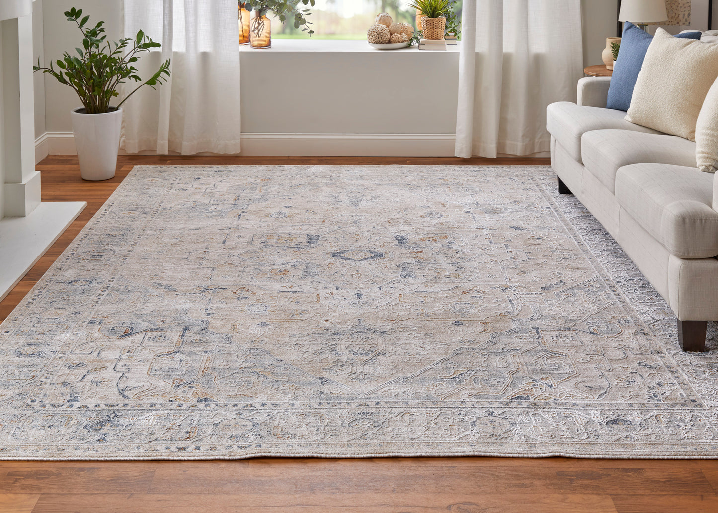 Pasha Transitional/Bohemian & Eclectic/Global Ivory/Taupe/Blue Area Rug