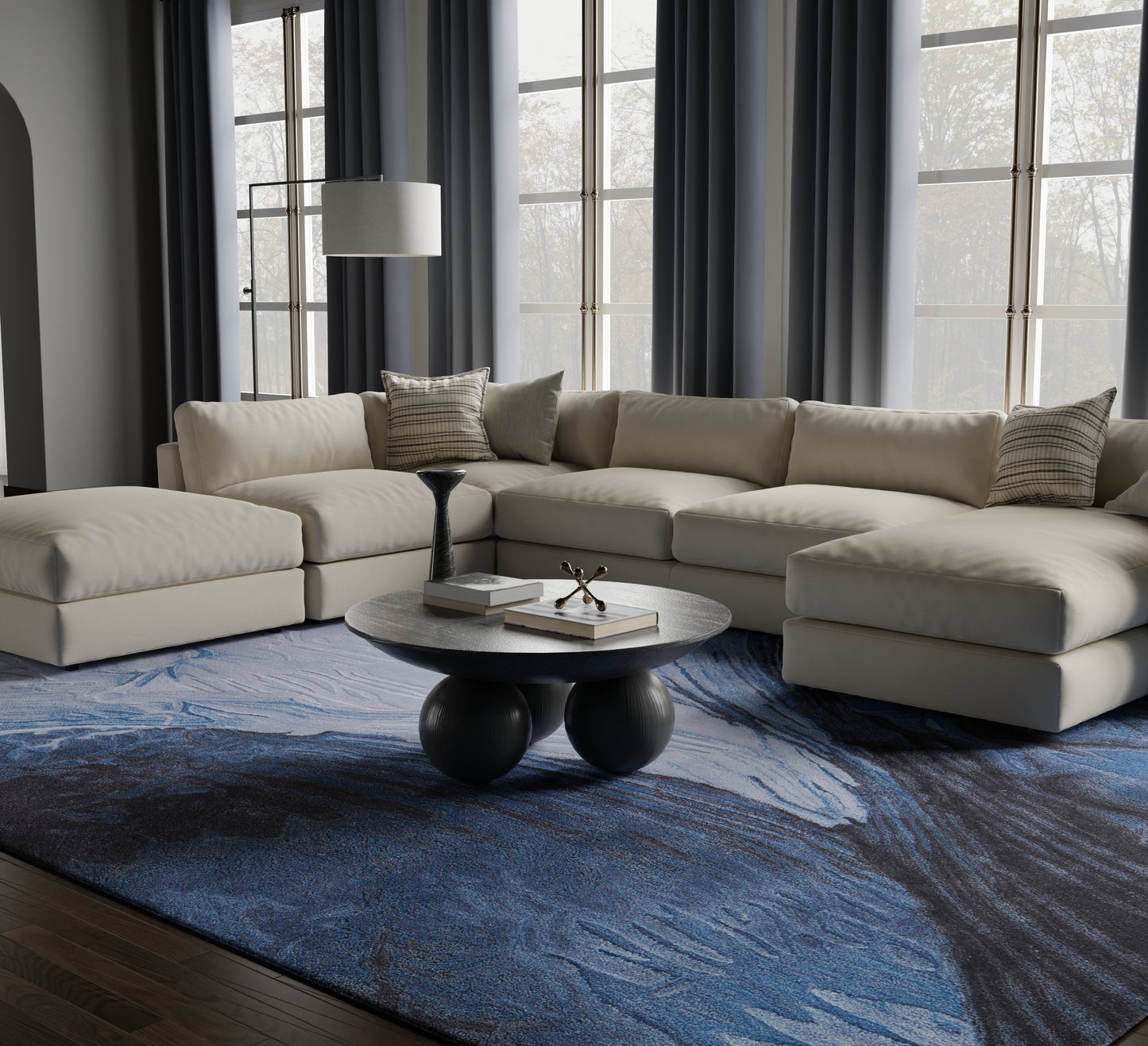 Kawai Modern/Nautical & Coastal/Bohemian & Eclectic Blue/Black/Gray Area Rug