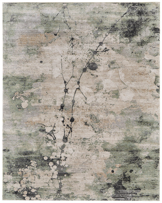 Sonora Modern/Industrial Abstract/Watercolor/Distressed Green/Ivory/Tan - Feizy Rug