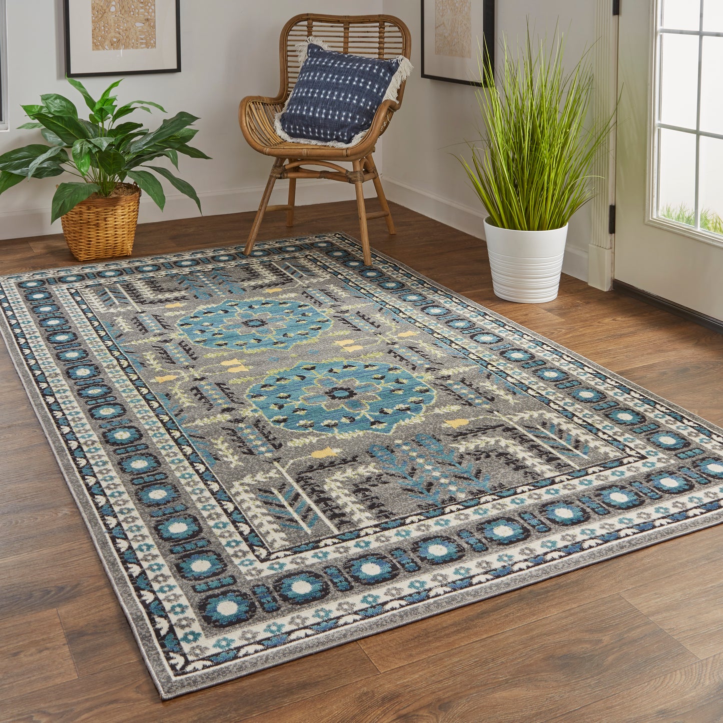 Foster Transitional/Classic/Bohemian & Eclectic Medallion/Bordered Gray/Blue/Green - Feizy Rug