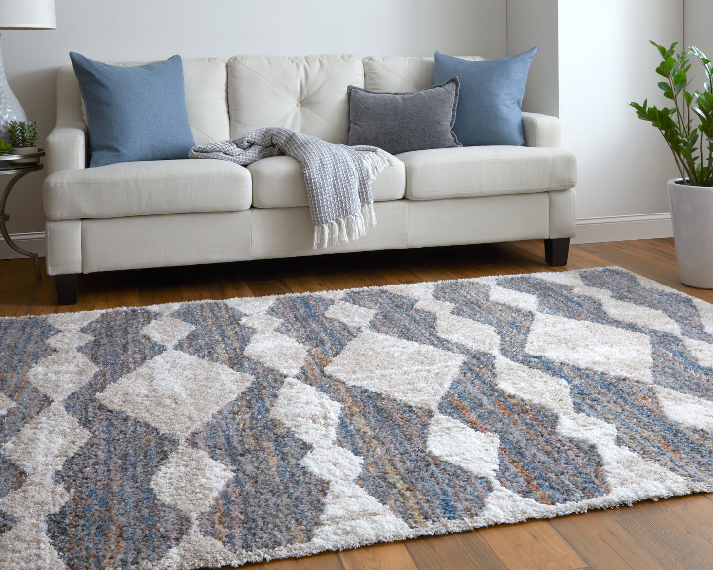 Mynka Transitional/Bohemian & Eclectic/Casual Diamond/Stripes/Geometric Tan/Ivory/Blue - Feizy Rug