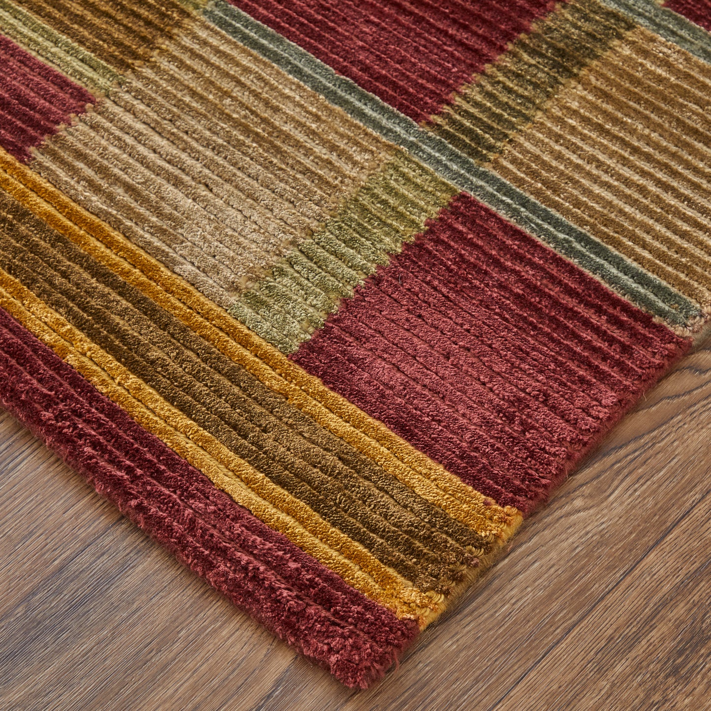 Keystone Transitional/Casual/Mid-Century Modern Stripes/Checkered/Geometric Gold/Green/Red - Feizy Rug