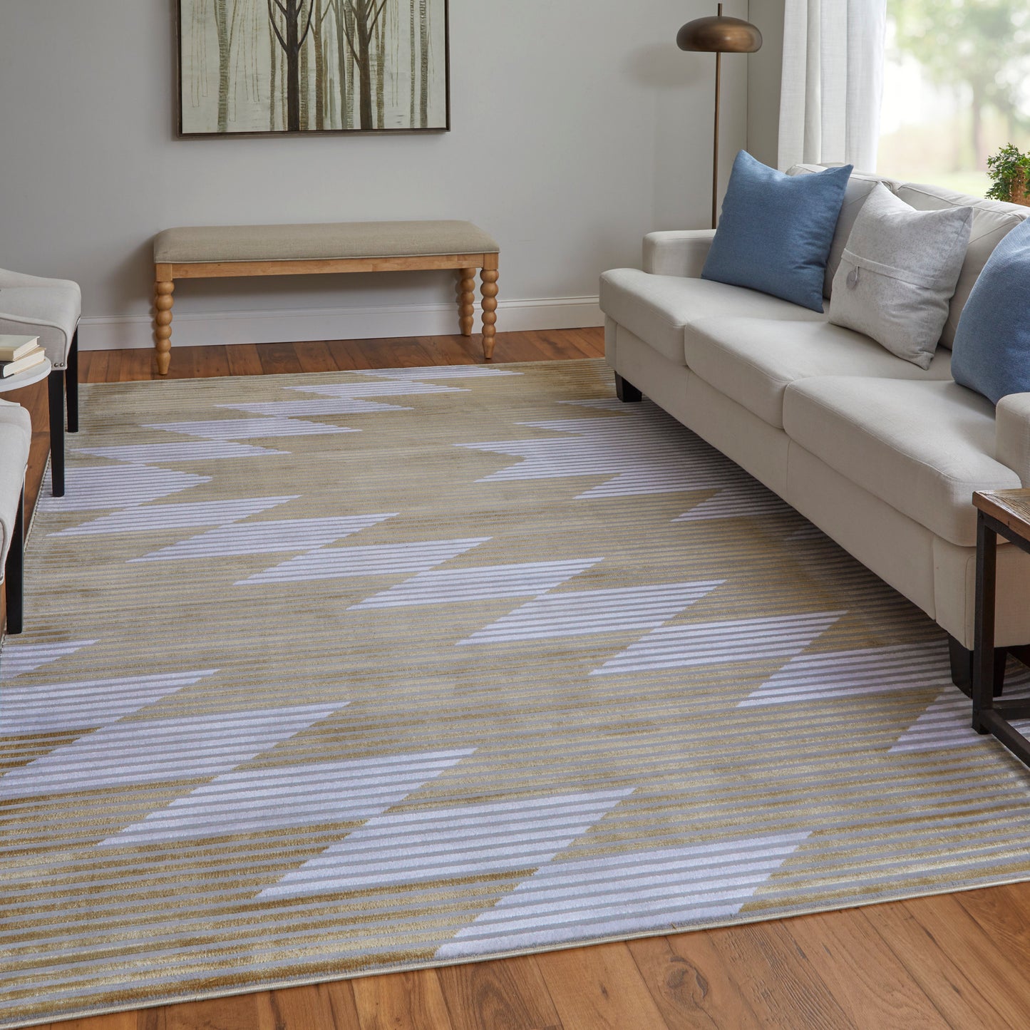 Marigold Modern/Mid-Century Modern/Industrial Geometric/Gradient & Ombre/Herringbone Gold/Gray/White - Feizy Rug