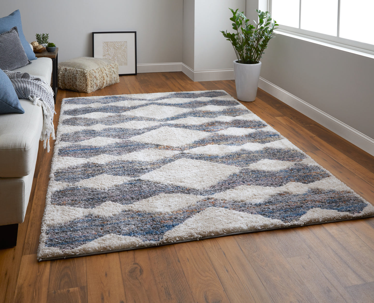Mynka Transitional/Bohemian & Eclectic/Casual Diamond/Stripes/Geometric Tan/Ivory/Blue - Feizy Rug