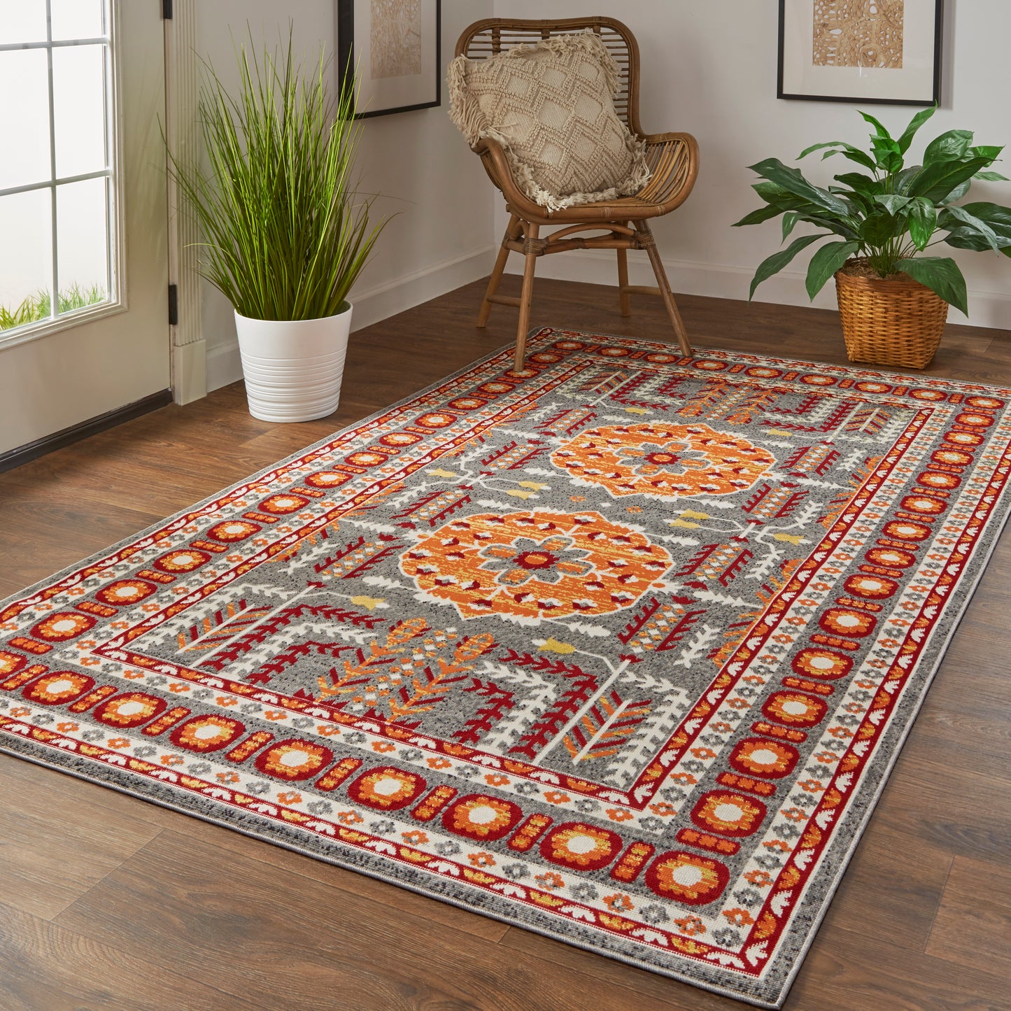Foster Transitional/Classic/Bohemian & Eclectic Medallion/Bordered Orange/Gray - Feizy Rug