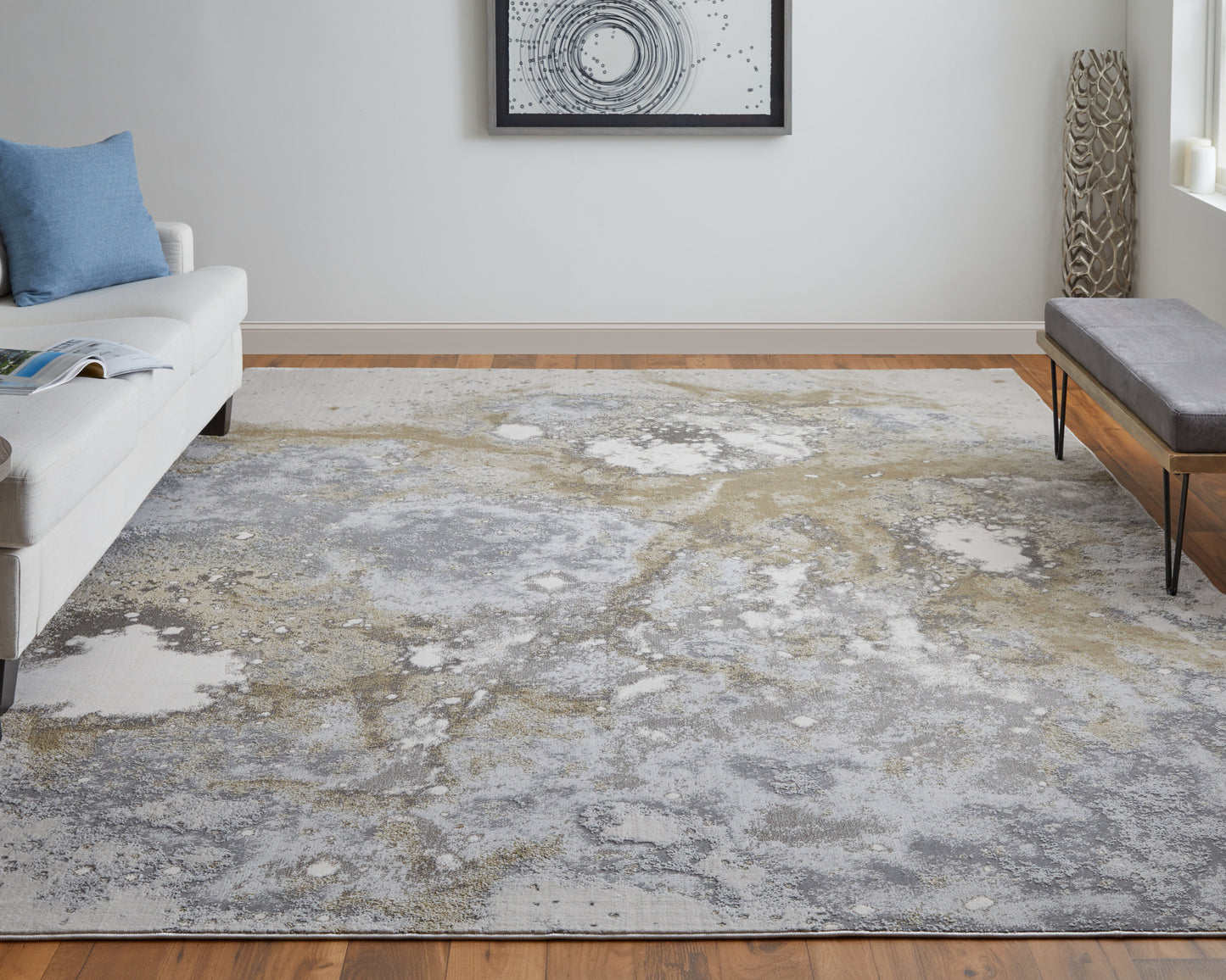 Astra Transitional/Industrial/Casual Abstract/Watercolor Gray/Gold/Ivory - Feizy Rug
