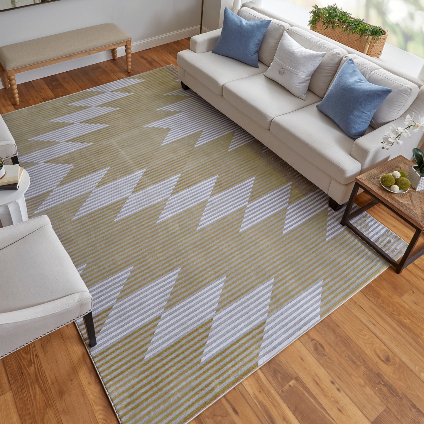 Marigold Modern/Mid-Century Modern/Industrial Geometric/Gradient & Ombre/Herringbone Gold/Gray/White - Feizy Rug