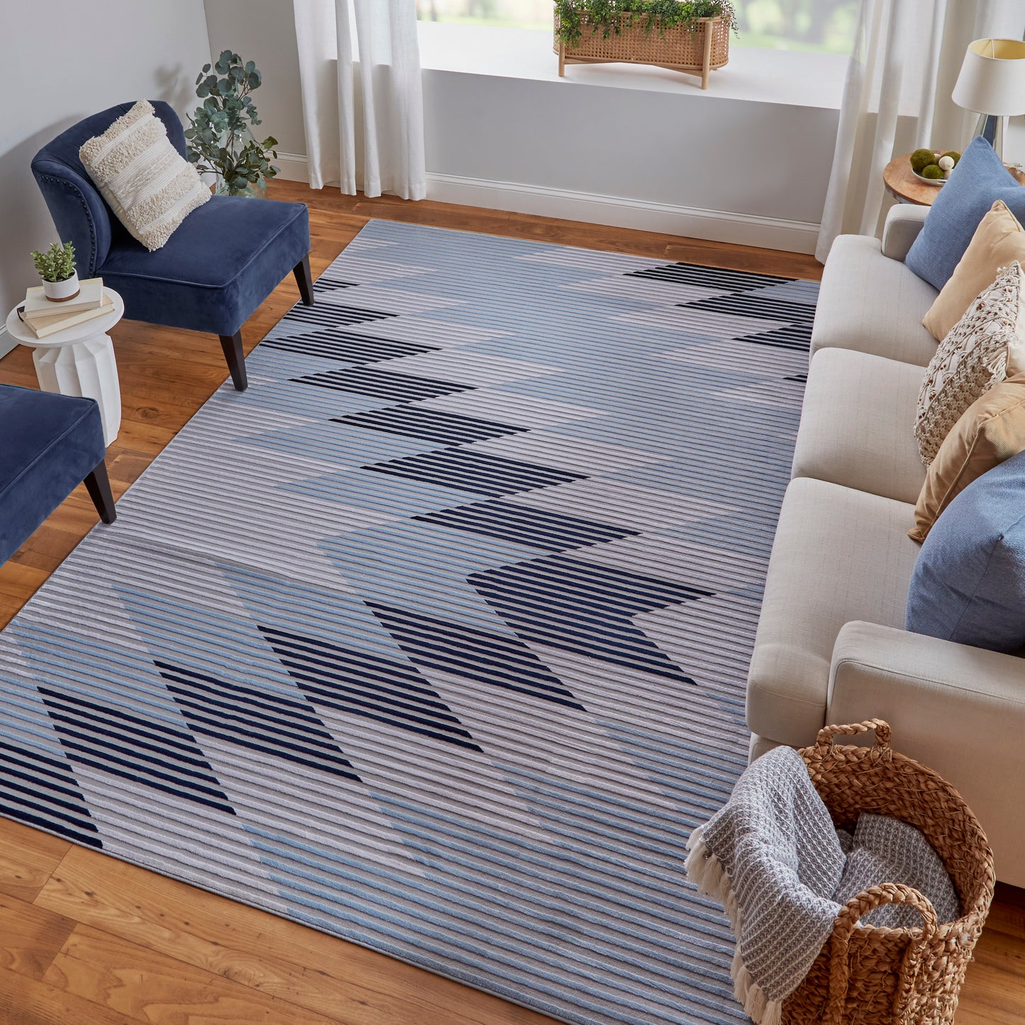 Marigold Modern/Mid-Century Modern/Industrial Geometric/Gradient & Ombre/Herringbone Blue/Gray/White - Feizy Rug